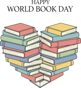 Happy world book day a heart shaped stack of colorful books