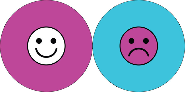 Pink and blue circles featuring contrasting happy and sad expressions for diverse mood and communication themes