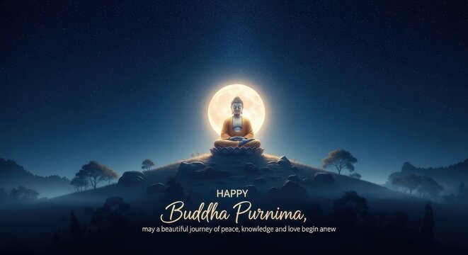 Buddha purnima celebration under the serene moonlight with a meditative figure.