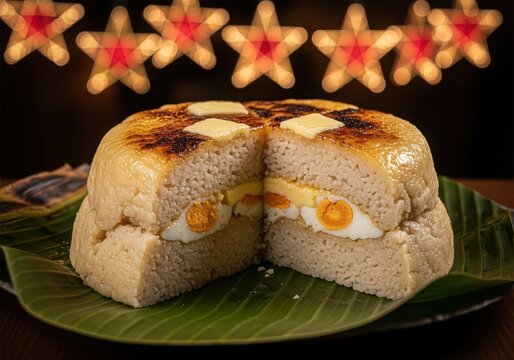 Traditional filipino bibingka rice cake with salted egg and butter