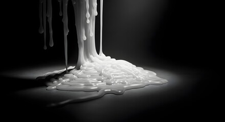 Abstract White Viscous Liquid Dripping and Pooling on Dark Background
