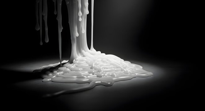 Abstract White Viscous Liquid Dripping and Pooling on Dark Background