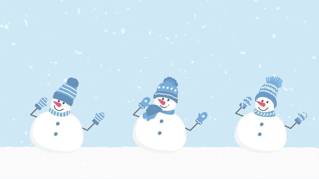 Happy Snowmen are Dancing under Snowfall. Christmas Animation. Funny Holiday Characters in Blue Hats, Scarves, Gloves. Loop Video in Blue, White on Light Blue