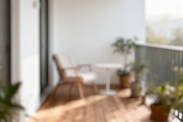 Fototapeta premium Bright and airy balcony with warm sunlight and blurred details, evoking comfort, tranquility, and modern urban living.