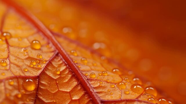 Tracking shot macro closeup of orange leaf with water droplets and visible veins on textured surface in studio lighting during autumn morning