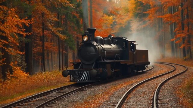 Tracking shot of steam locomotive moving along curved railroad tracks through autumn forest with misty smoke