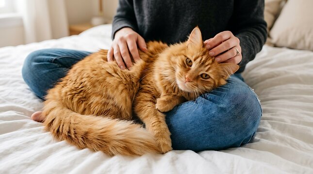 Ginger tabby cat lying on lap of person wearing blue jeans and black sweater on white bed indoors while being petted with gentle hands