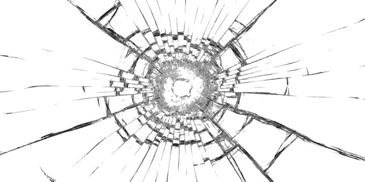 Realistic shattered glass texture with radial cracks and impact hole isolated on white background vector illustration