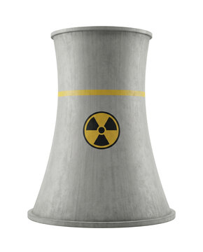 Nuclear cooling tower with radioactive symbol isolated. Energy industry concept.