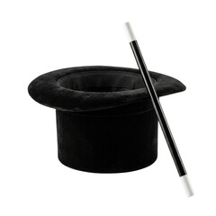 Black magician top hat with magic wand isolated. Mystery performance concept. © PNG Lab