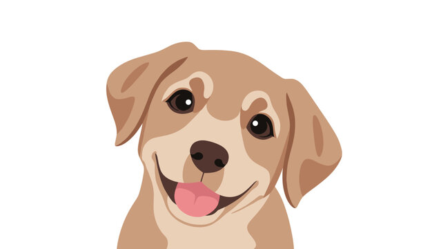 Cheerful light brown dog face with a big smile and tongue out looking at the camera on a plain white background.