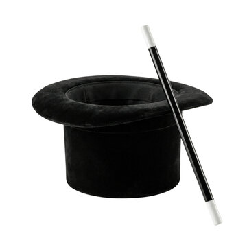 Black magician top hat with magic wand isolated. Mystery performance concept.