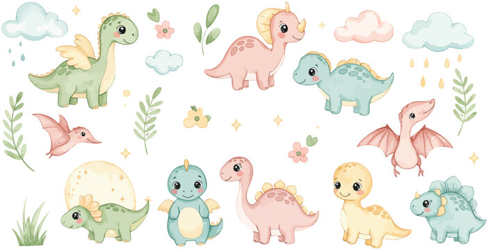 Funny cartoon vector illustration of a wild baby dinosaur with a chicken and eggs, a yellow Easter bunny, and a green snake in a blue nature zoo