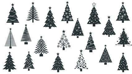 Obraz premium Variety of stylized Christmas tree silhouettes in black features different decorative patterns and shapes for holiday designs.
