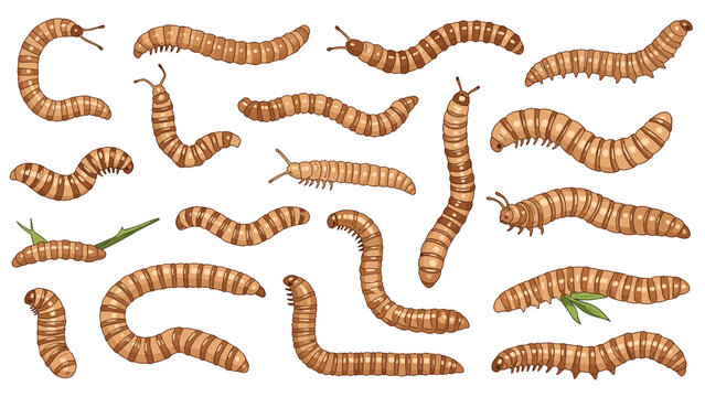 Group of mealworms and larvae in various crawling positions is illustrated in a detailed cartoon style for nature studies.