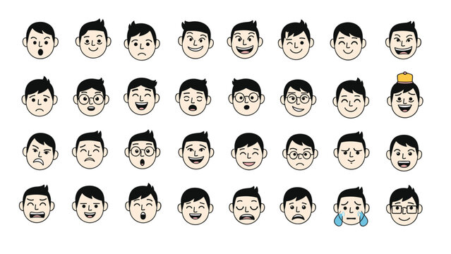 Large set of male character faces with various emotions and expressions ranges from happy to sad in a simple cartoon style.