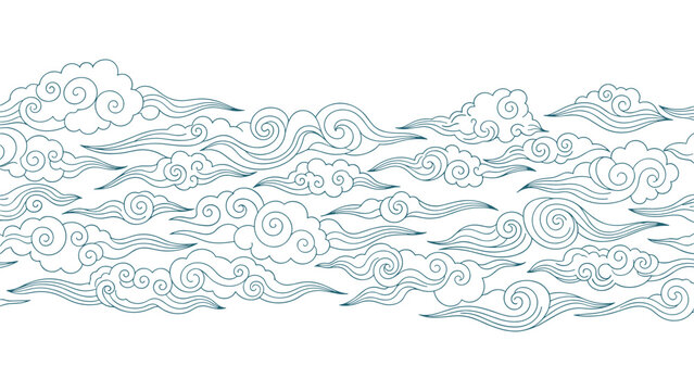 Elegant pattern of traditional Chinese clouds in blue line art creates a horizontal border for oriental theme designs.