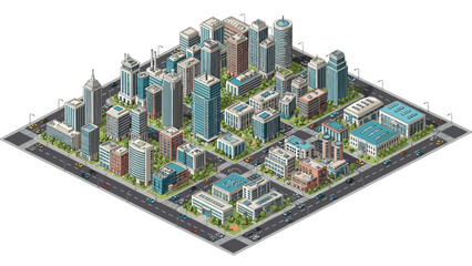 Obraz premium Detailed isometric view of a modern city block with various skyscrapers, office buildings, green parks, streets, and urban traffic.