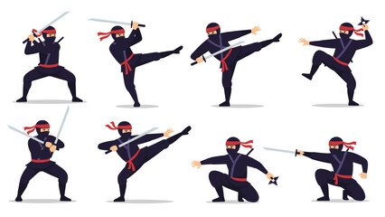 Fototapeta premium Set of martial arts ninjas in various action poses including fighting with katanas, throwing shuriken, and performing high kicks.