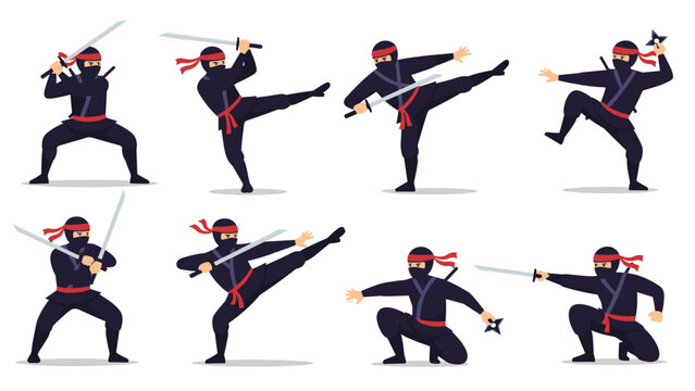 Set of martial arts ninjas in various action poses including fighting with katanas, throwing shuriken, and performing high kicks.