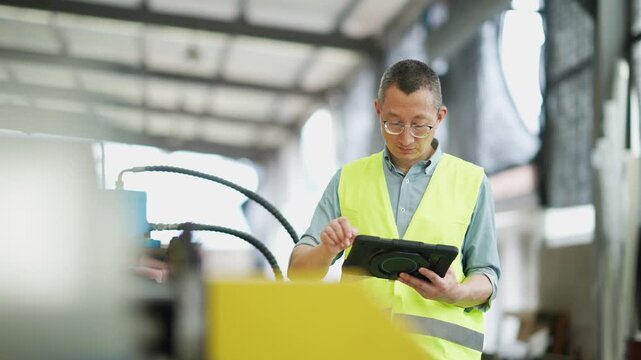 Factory worker wearing reflective vest operating a tablet computer in industrial workshop