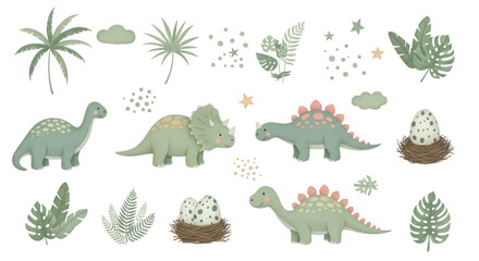 Naklejka premium Cute baby dinosaurs set with tropical leaves and eggs isolated on transparent background