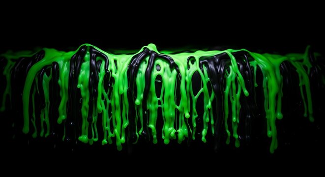 Vibrant Neon Green and Black Liquid Dripping on Dark Background Abstract Texture