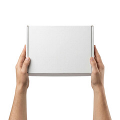 Obraz premium Hands holding white cardboard mailing box isolated. Shipping delivery mockup.