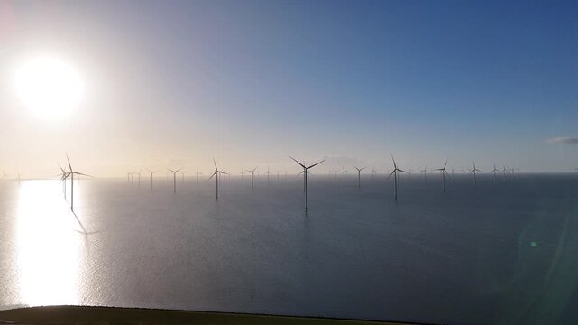Drone push toward offshore turbines above the dyke road