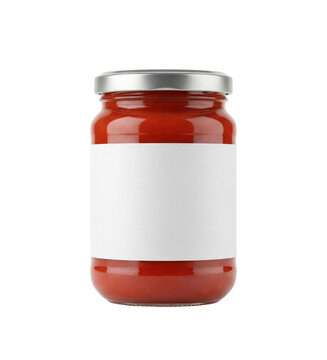Glass jar of tomato sauce with silver lid isolated. Food preserve mockup.