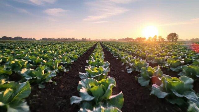 Beautiful Cabbage Field at Sunset - A Serene Agricultural Landscape.