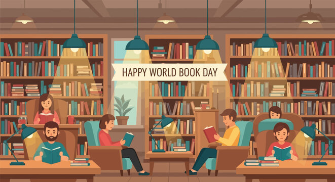 Happy holiday bookworm a cozy library scene with readers