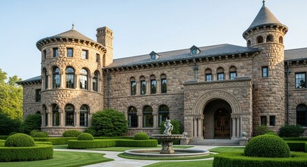 Fototapeta premium Photorealistic Romanesque Revival Mansion with Ornate Facade and Manicured Lawns