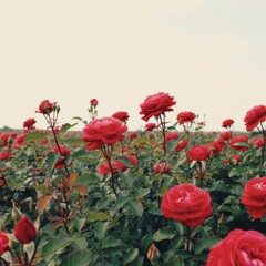 Obraz premium A lush field of vibrant red roses, green leaves, and buds under a pale sky flowers