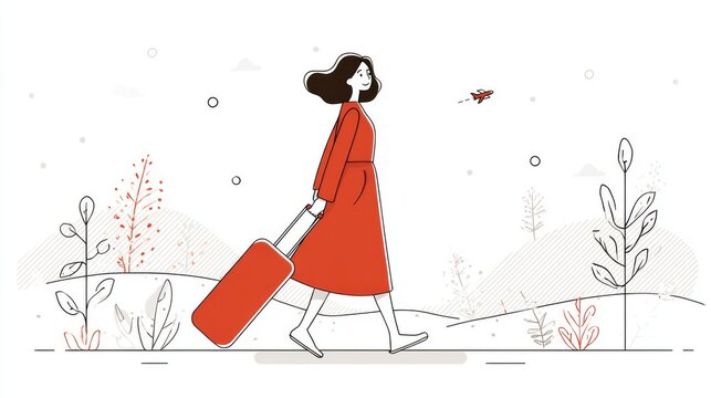 Woman Carrying Suitcase While Traveling in Simple Flat Style Illustration with Nature Elements