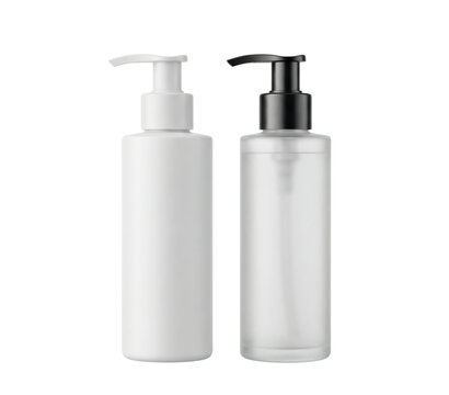 White and frosted pump bottles isolated. Cosmetic packaging mockup.