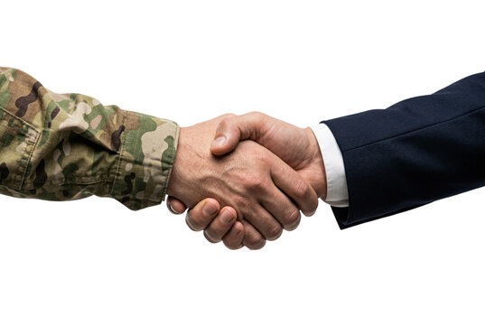Soldier and businessman shaking hands side view isolated. Military contract concept.
