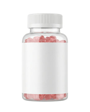 Clear vitamin bottle with pink gummy supplements isolated. Health mockup template.