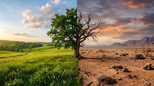 Tree in lush green landscape and dry desert landscape side by side showing climate change effects on environment