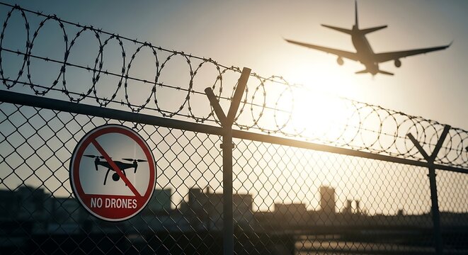 No drones sign on airport perimeter fence with airplane taking off at sunset