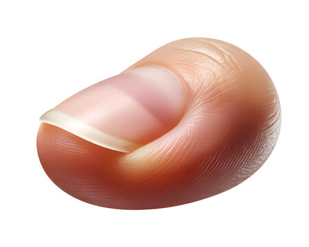 Detailed close-up of a healthy human finger and fingernail, showcasing natural skin texture and nail plate on a pristine white background