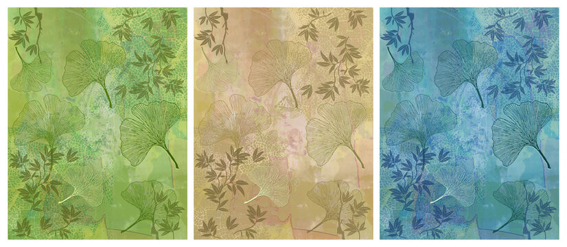 Triptyque 3 Motifs Fond Feuillage et Feuilles Ginkgo en Vert, Beige et Bleu - Illustration