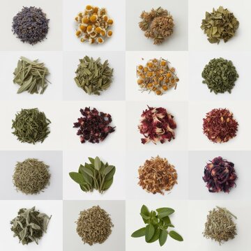 Overhead view of 20 different herbal teas, arranged in a grid pattern on white background