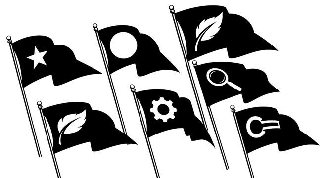 Flags set with various symbols and icons on black background featuring star, circle, leaf with magnifying glass and gear elements for equal sign,