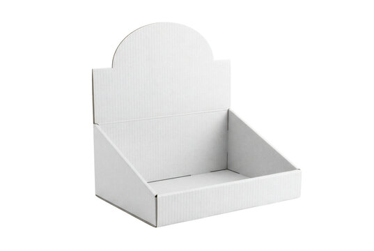 Empty white cardboard counter display box isolated. Retail packaging mockup.