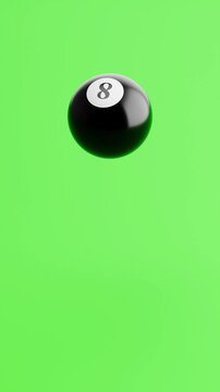 Pool Black 8 Ball Bouncing on Green Background with Copy Space, Vertical Portrait Format, Seamless Loop 3D Animation