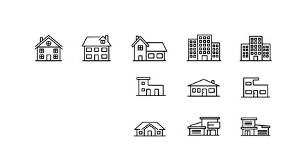 Fototapeta premium Buildings line icon set with simple black and white architectural designs and modern skyscrapers featuring house, home, architecture with icons and