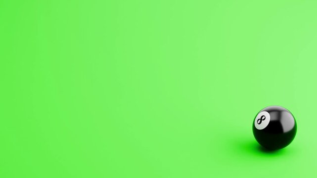 Pool Black 8 Ball Rolling Left to Right and Right to Left, on Green Background with Copy Space, 3D Animation
