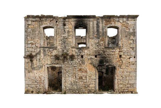 Burned stone building facade ruin isolated. Abandoned house architecture.