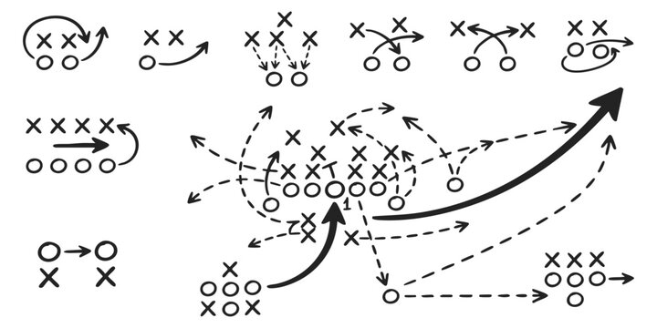 American football plays strategy diagram with X and O tactical movements on a white background vector illustration